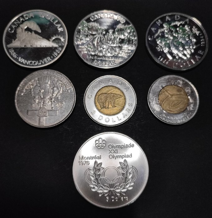 Canada. 1 + 2 + 5 Dollars 1974/1996 (7 pieces) incl. silver
