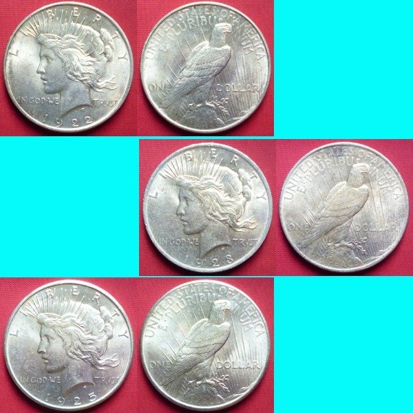 United States. 1 Dollar (Peace) 1922, 1923 & 1925 Philadelphia (3 coins)