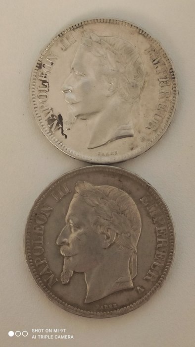 France. Napoléon III (1852-1870). 5 Francs 1868-A, Paris/1868-BB, Straßburg (2 pieces silver)