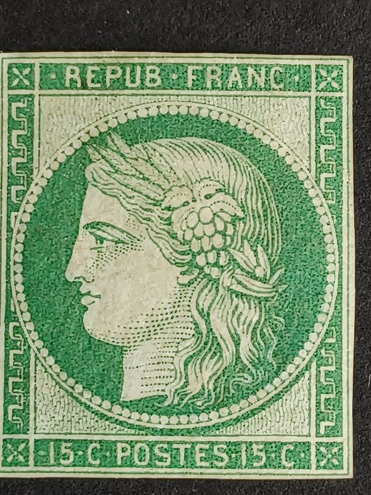 Frankreich 1862 - No. 2, 15 c green. Mint*. Reprint of 1862, signed Jacquart. Very fine - Yvert