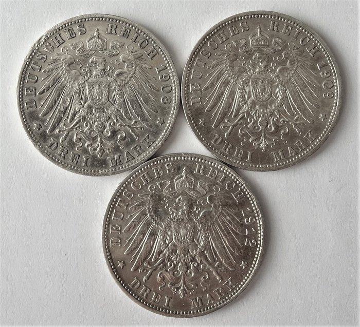 Allemagne, Empire, Bayern. Otto (1886-1913). 3 Mark 1908/1909/1912 D (3 pieces).