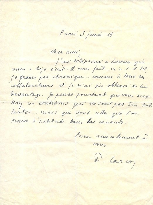 Francis Carco - Ecrivain - Lettre autographe signée - 1919