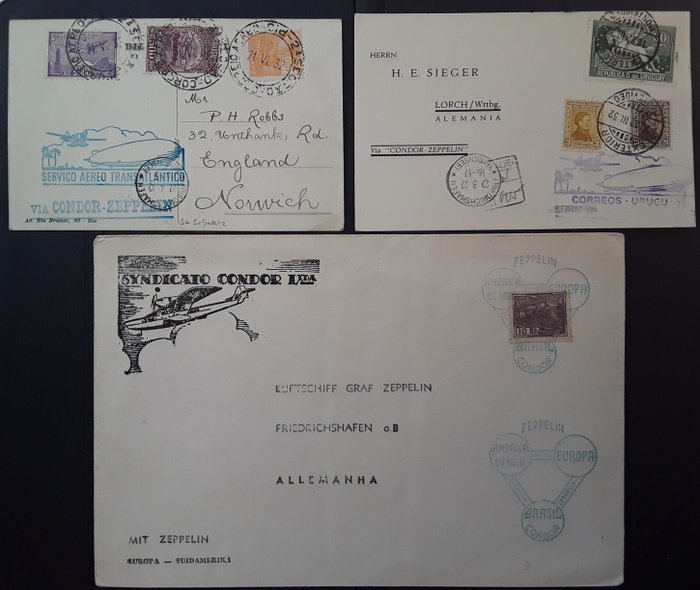 Brazil / Uruguay - 3 Zeppelin documents - Uruguay 1932 / Brazil 1932/1933