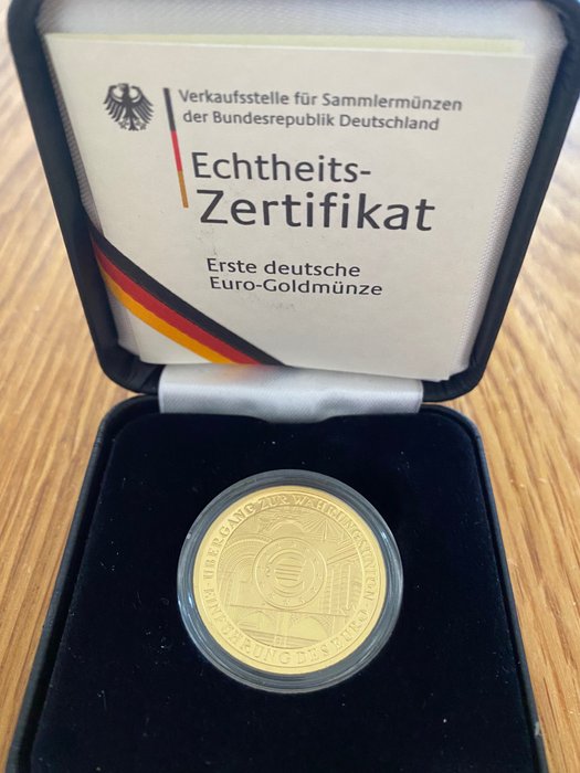Allemagne, République Fédérale. 100 Euro Goldmünze 2002 Währungsunion Einführung des Euro. In Originaletui und Originalzertifikat.