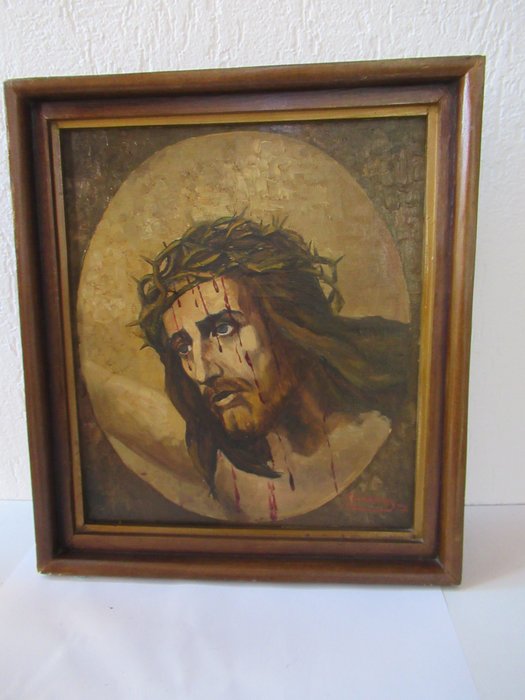 Antico dipinto religioso olio su tela - Ecce Homo - Legno, Tessuto