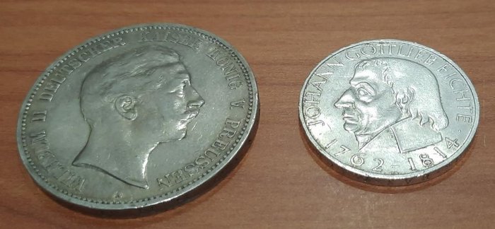 Allemagne, Empire, Prussia. Wilhelm I. (1871-1888). 5 Mark 1907-A, Berlin. Dazu 5 Mark 1964, Fichte, BRD (2 pieces silver)