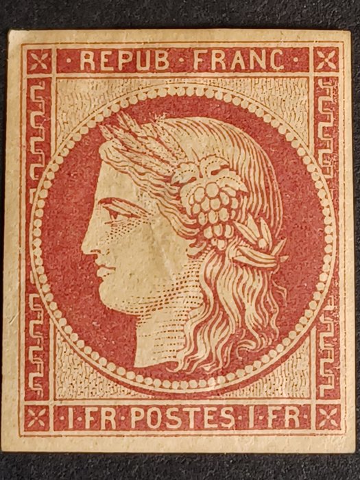 Frankreich 1862 - No. 6f, 1f vermilion red. Mint*. Reprint of 1862, signed Jacquart. Fold but very beautiful - Yvert