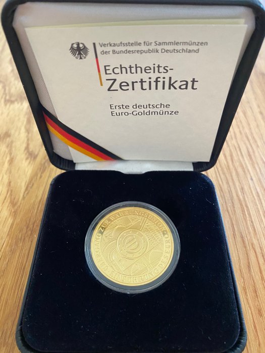 Allemagne, République Fédérale. 200 Euro Goldmünze 2002 Währungsunion Einführung des Euro. In Originaletui und Originalzertifikat.