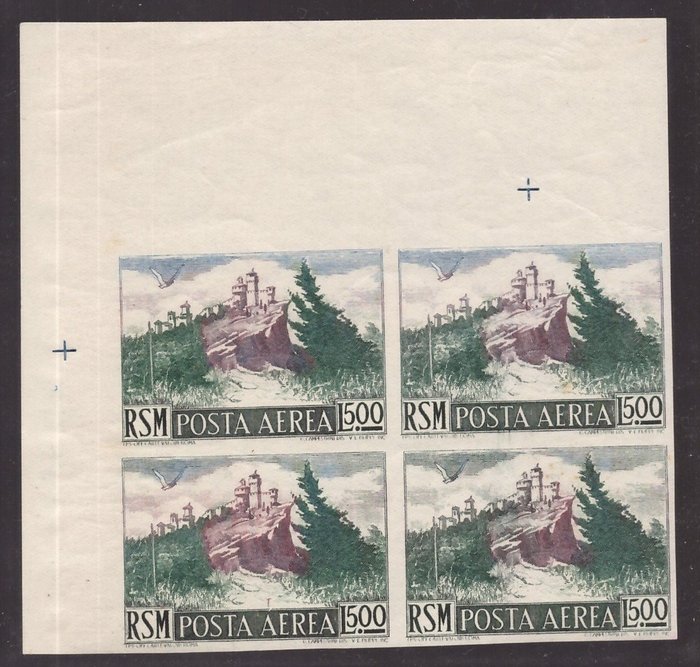 San Marino 1950 - 500 lire airmail, imperforate corner block of four - Sassone N. 91b