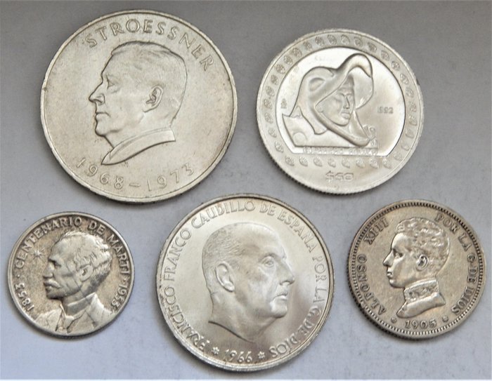 Cuba, Messico, Paraguay, Spagna. 25 Centavos 1953 + 50 Pesos 1992 + 300 Guaranies 1973 + 2 Pesetas 1905 + 100 Pesetas 1966 *19-66. Lot of 5 coins