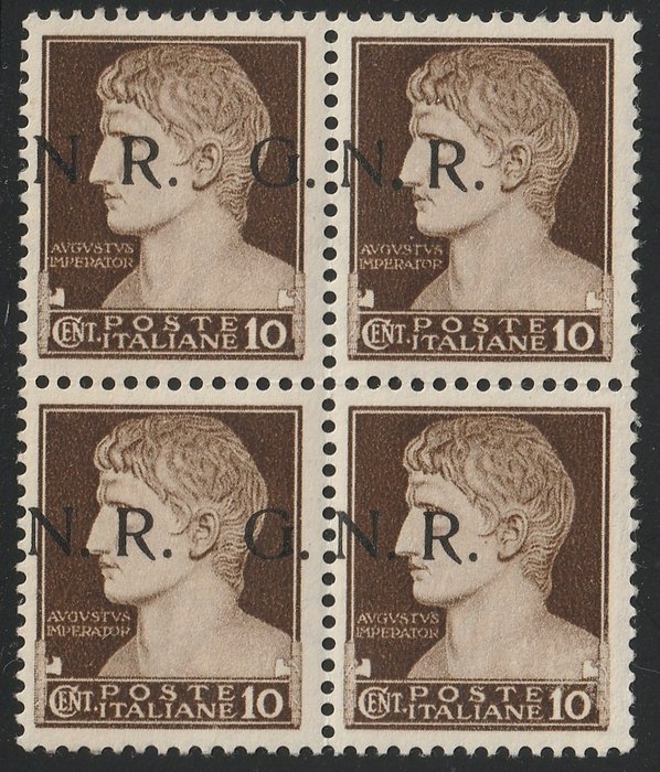 Republikanische Nationalgarde 1944 - GNR issue of Brescia 10 c. variety “N.R. G.” + “only NR” block of four with 2 varieties, intact and - Sassone n.474/Ig+If+Io+Ipb