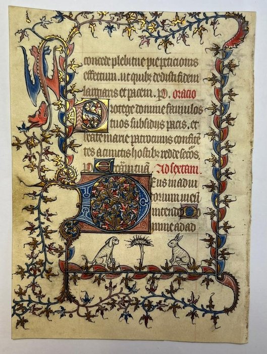 Scriptorium of the Middle Ages - Original leaf on parchment richly manuscript from a medieval Book of Hours, Paris/France - 1380