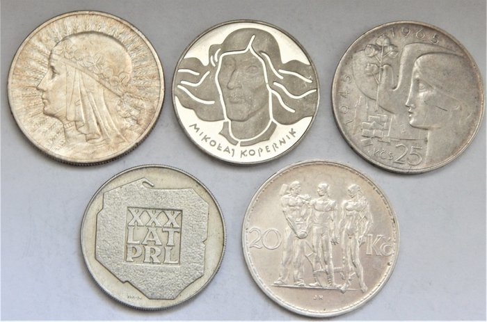 Polen, Tsjecho-Slowakije. 20 & 25 Korun 1933/1965 & 10, 100 & 200 Złotych 1932/1973/1974 (5 pieces)