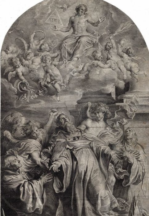 Anthony Van Dyck (1599-1641), Pieter de Jode II (1606-1674) original - Vision of St. Augustine of Hippo with St. Monica and St. Nicholas of Tolentino. Very large engraving