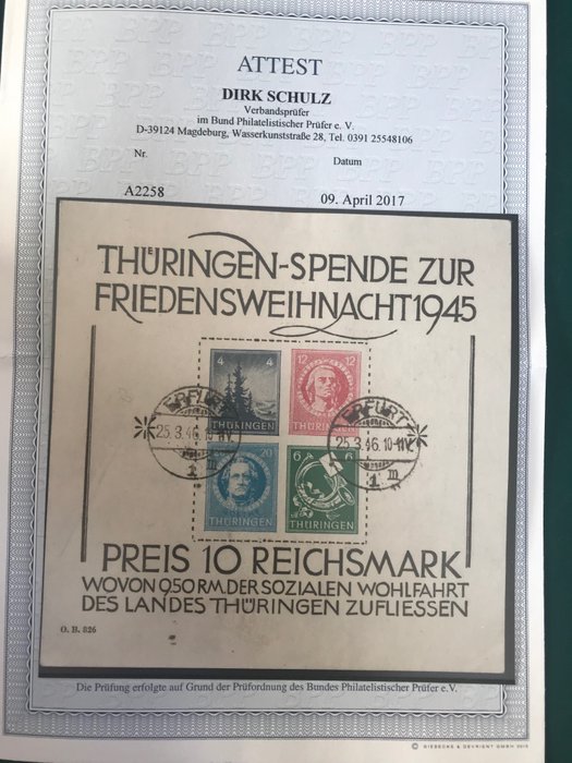 Alliierte Besetzung - Deutschland (Sowjetzone) 1945 - Thuringia: Christmas block in paper X with BPP photo certificate - Michel blok 2x