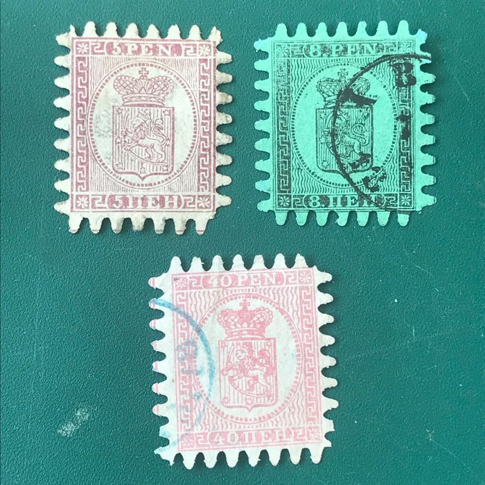 Finland 1866 - 5, 8 en 40 Pen in tanding C - Michel 5C, 6C en 9C
