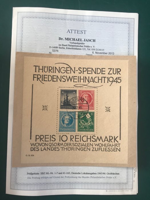 Alliierte Besetzung - Deutschland (Sowjetzone) 1945 - Thuringia: Christmas block in paper with BPP photo certificate - Michel blok 2t
