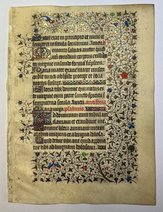 Scriptorium of the Middle Ages / Circumference of the Boucicaut Master - Original leaf on parchment richly decorated manuscript from a medieval Book of Hours, Paris/France - 1410