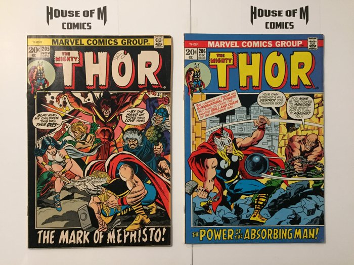 The Mighty Thor # 205 & 206 Mephisto and Absorbing Man - appearance Loki, Sif, Hogun, Fandral, Volstagg, Hildegarde, Balder. Higher to High Grade - Geheftet - Erstausgabe - (1972)
