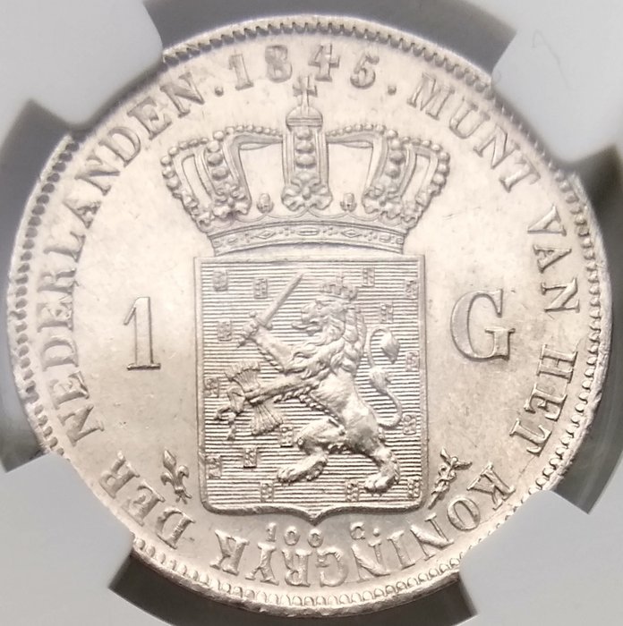 Niederlande. Willem II (1840-1849). 1 Gulden 1845a in NGC slab MS 62