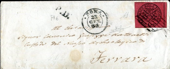 Italian Ancient States - Papal State 1867 - 20 cents, second issue on letter to Ferrara. - Sassone 18
