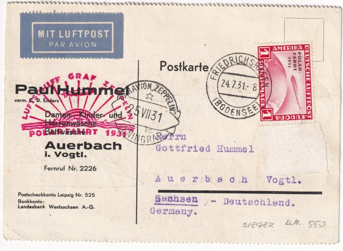 Deutschland und Kolonien 1931 - Zeppelin flight 1 m. Polar Fahrt isolated on postcard from Friedrichshafen to Saschen, rare - Unificato n.A40