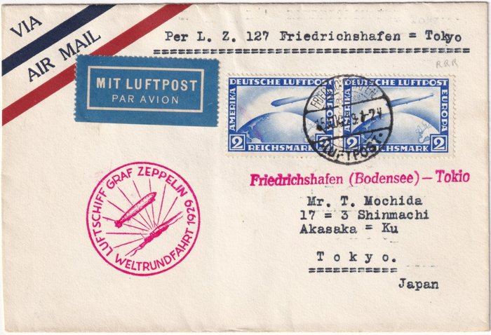 Allemagne et Colonies 1929 - Zeppelin flight 2 m. pair on cover from Friedrichshafen to Tokyo, rare - Unificato n.A36