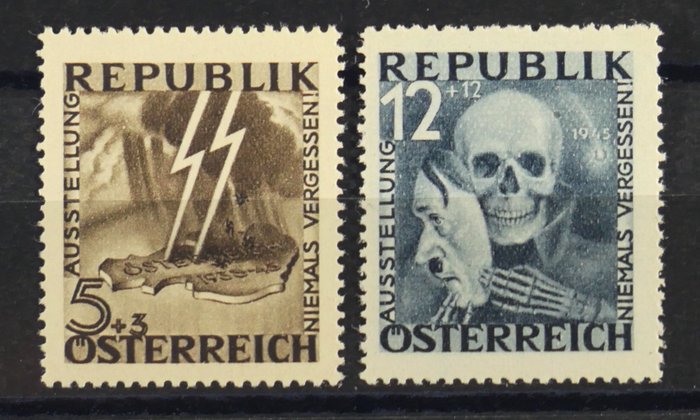 Austria 1946 - „Niemals vergessen“ (Never Forget) unissued values with lightning bolt/mask ( 5 + 3 groschen and