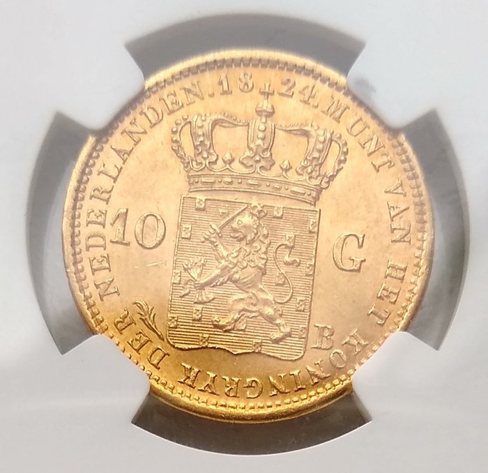 Niederlande. Willem I (1813-1840). 10 Gulden 1824-B in NGC slab MS 63