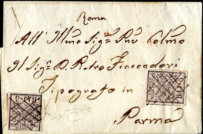Italiaanse oude staten - Pauselijke Staat 1852 - Insured mail from Rome to the Duchy of Parma. - Sassone 6