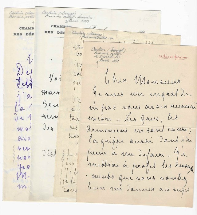 Denys Cochin - ensemble de 4 lettres autographes signées - 1890/1910