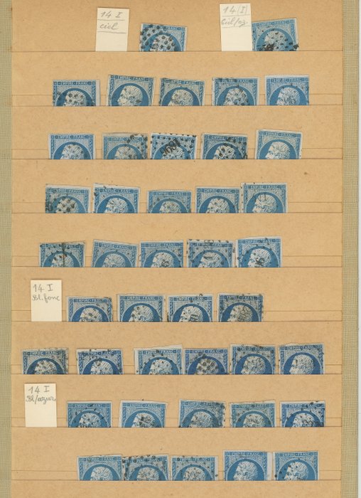 France 1860 - Sélection/accumulation de "Bleus" Napoléon avec doubles pour nuances - Yvert 14A et 14B