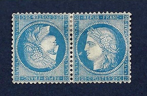 Frankrijk 1871 - RARE 25c blue tête-bèche with variety and certificate La Postale - Yvert 60Ab
