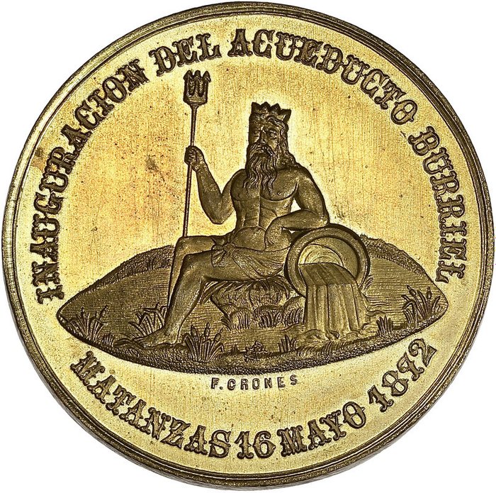 Cuba. Amédée Ier. Medal inauguration du grand aqueduc de Matanzas le 16 mai 1872, par F. Crones 1872 - Bronze doré