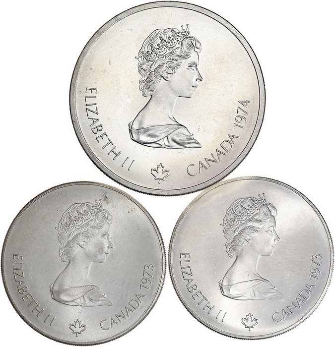 Kanada. Lot 3 monnaies en argent - 2x 5 dollars - 1x 10 dollars - Queen Elisabeth II. Jeux Olympiques - Montréal 1976