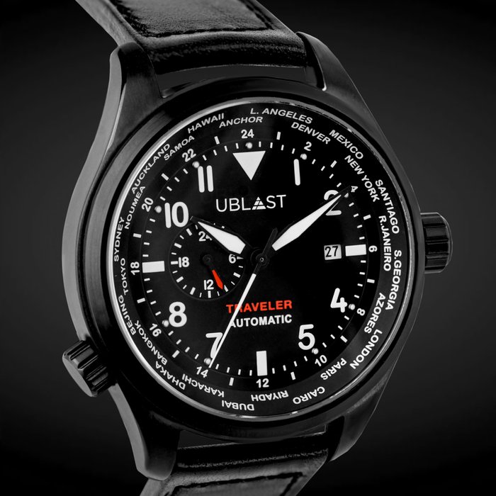 Ublast® - Traveler Automatic World Time - REF.UBTR47BK - Genuine Leather - Mężczyzna - Nowy