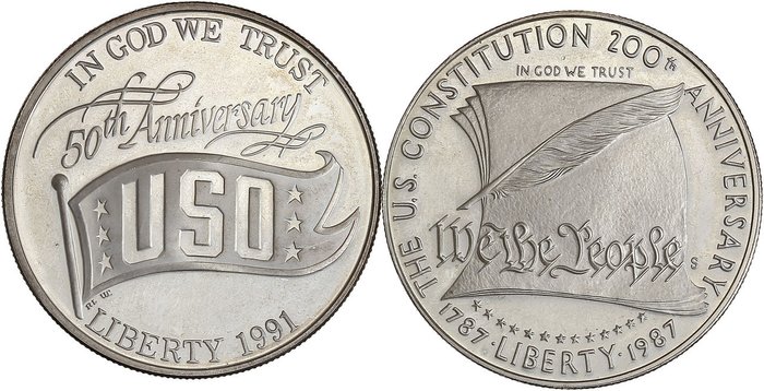 USA. Lot de 2 monnaies - 1 dollar en argent - Various dates 1987/1991