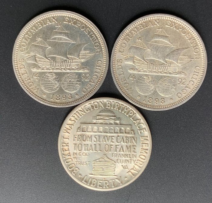 USA. 1/2 Dollars 1893 'Columbia Expo' + 1/2 Dollar 1946 'Booker Washington' (3 coins)