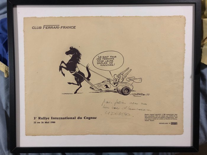 Uderzo, Albert - Lithographie Club Ferrari-France - avec dédicace manuscrite - Astérix - 3e Rallye International du Cognac - numérotée & signée - (1980)