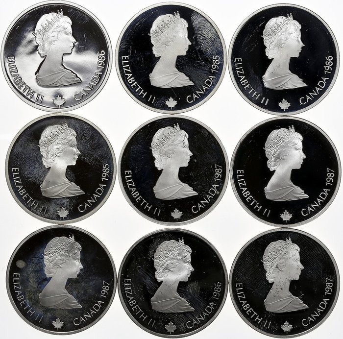 Kanada. Lot 9 monnaies en argent - 9x 20 dollars Queen Elisabeth II. Jeux Olympiques - Cagliari 1988