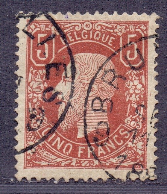 Belgique 1878 - Leopold II 5F brown-red with inspection stamp - OBP/COB 37 - goed gecentreerd