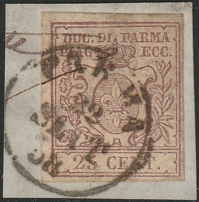 Italian Ancient States - Parma 1857/59 - 3rd issue 25 c. lilac brown with good margins, used on small fragment - Sassone n.10