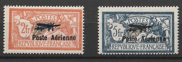 France 1927 - Airmail, “1er salon de l’aviation à Marseille” (1st Marseille Aviation Show in Marseille), 2 francs, - Yvert PA 1 und 2
