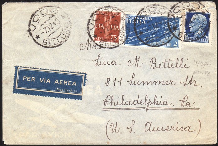 Royaume d’Italie 1940 - Aerogramme from Vodo 7.12.40 to the USA stamped with 1.25 lire no. 253 + airmail 75 c. and 2 lire