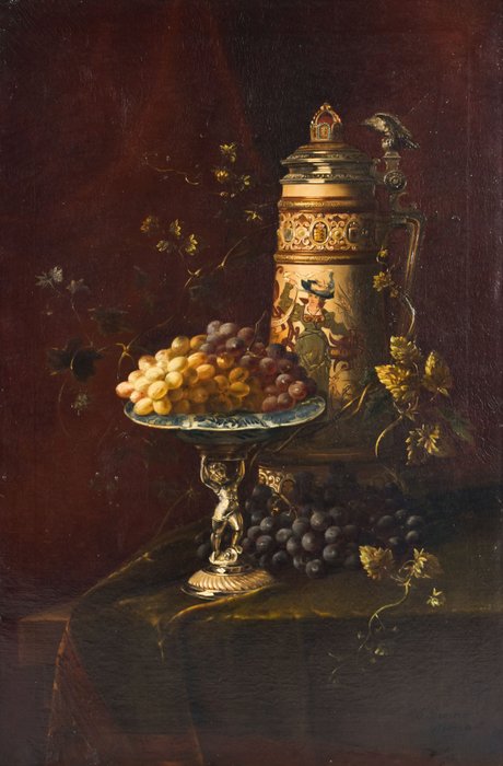 Fredrika Breuer Wikman (1828-1896) - Stilleven met druiven op schaal en Pronkkan