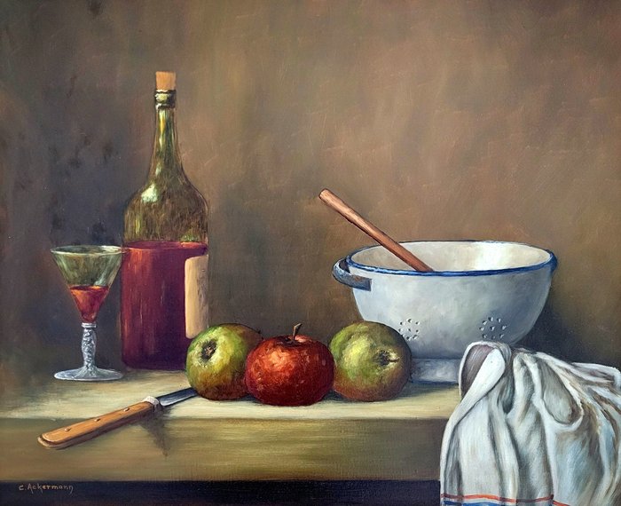 C. Ackermann (XXI) - Stilleven met wijnfles, appels en kom