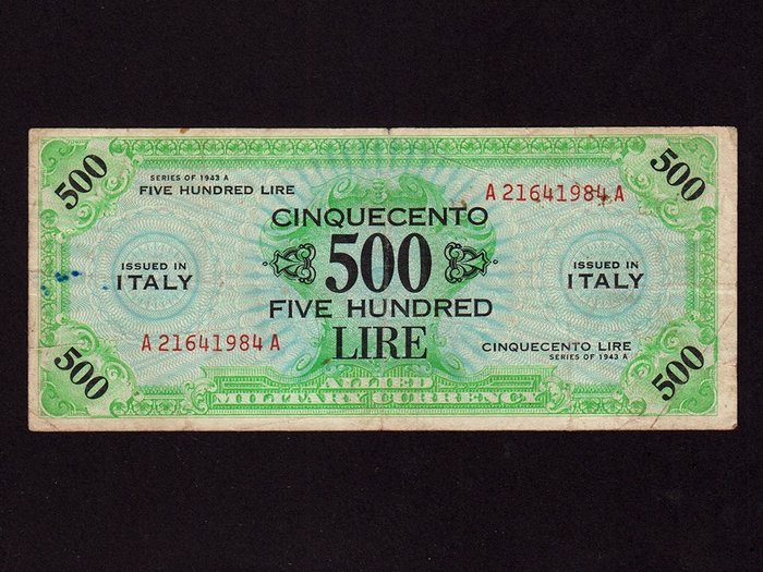 Italy, United States of America - 500 Lire 1943 - Allied Military Currency Bilingue - Gigante AM 13A; Pick M22