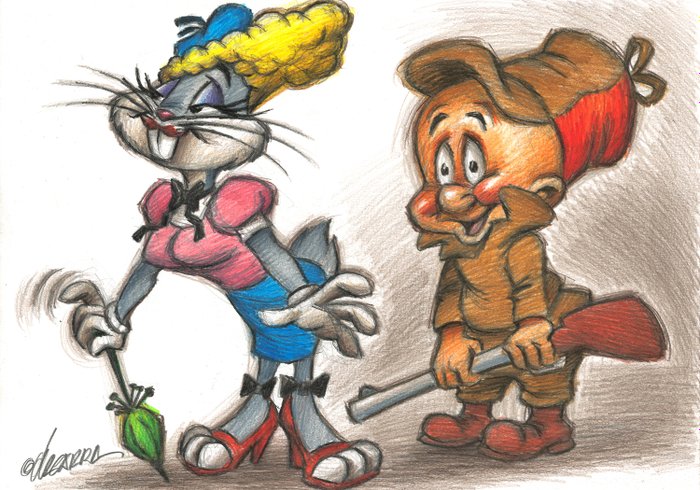 Bugs Bunny & Elmer Fudd: Lady Bunny - Original Drawing - Joan Vizcarra - Pencil Art - Original Artwork