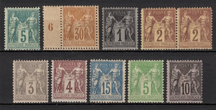 France 1876/1890 - Type Sage, lot de 10 timbres neufs * avec charnière - Yvert entre n° 75 et 103