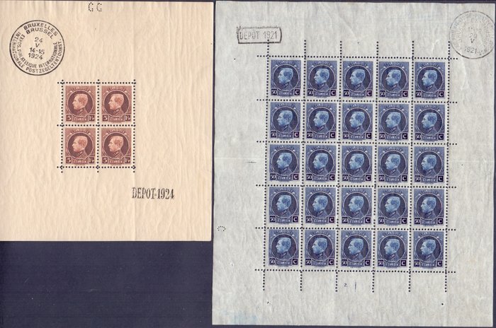 Belgien 1921/1924 - ‘Small Montenez’: 50c in mini sheet of 25 and block 1 - OBP/COB F187 + BL1